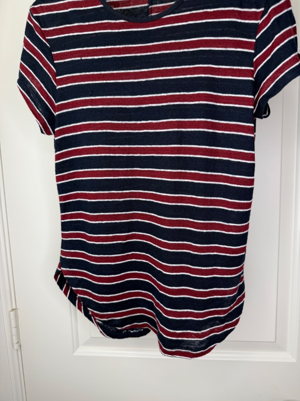 FRAME 100% Linen Navy & Burgundy Striped Short Sleeve‎ Top Size XS